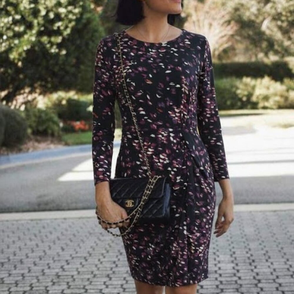Ann Taylor Elegant Midi Dress with Abstract Print and Draped Design, Size S. - Picture 2 of 7